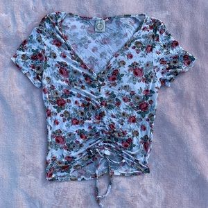 Floral Ruched Drawstring Blouse Top